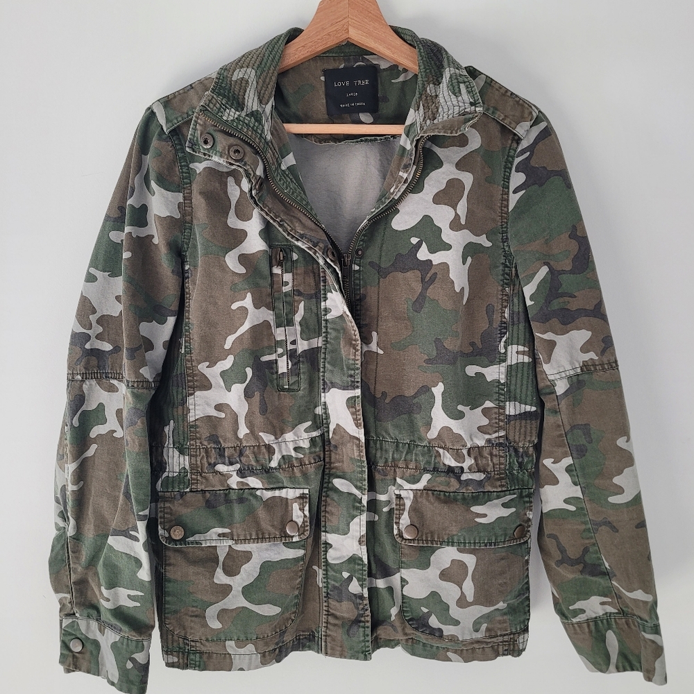 Love Tree zip snap front Camo jacket Womens large Green Brown Draw String Waist